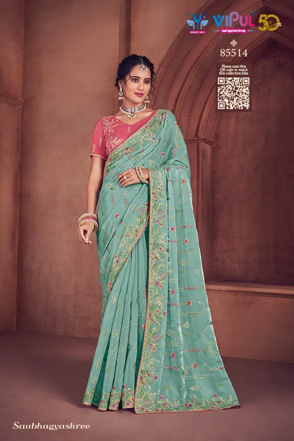 Saubhagyashree By Vipul Organza Party Wear Saree Wholesale In India